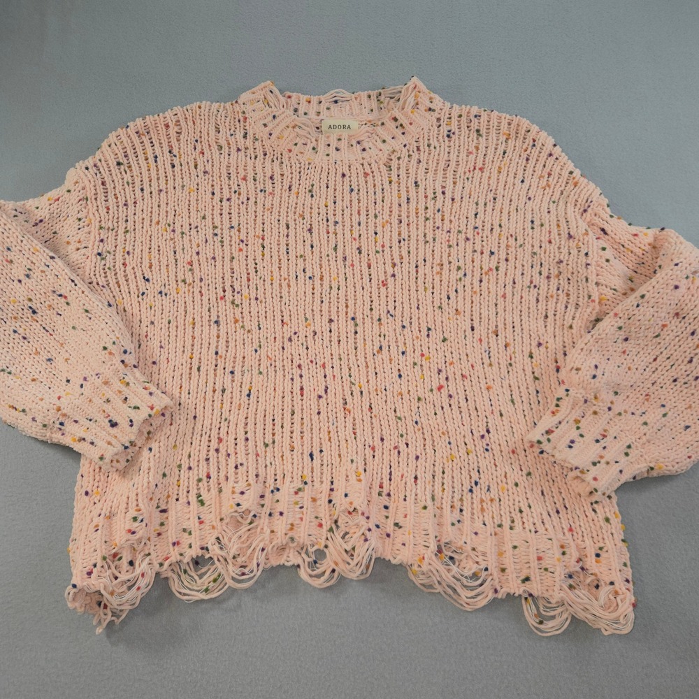 Adora Confetti Knit Sweater Womens 2X Peach Distressed Frayed Hem Pullover